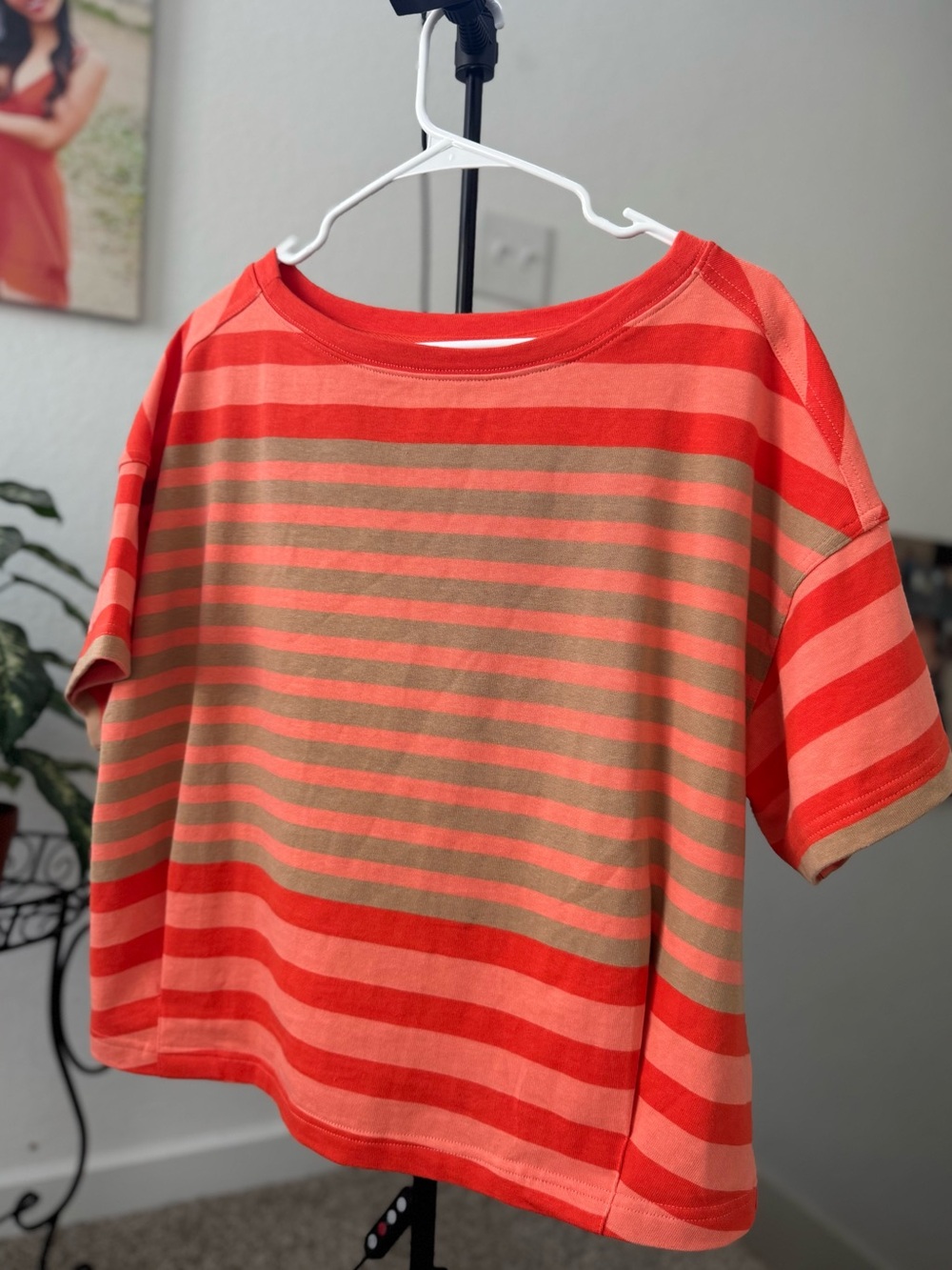Maeve Coral & Tan Striped Short Sleeve Tee - Boxy Fit